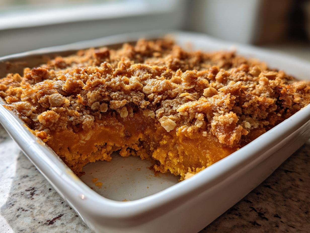 Close-up of a freshly baked pumpkin crisp with a thick, crunchy oat topping in a white square baking dish.
