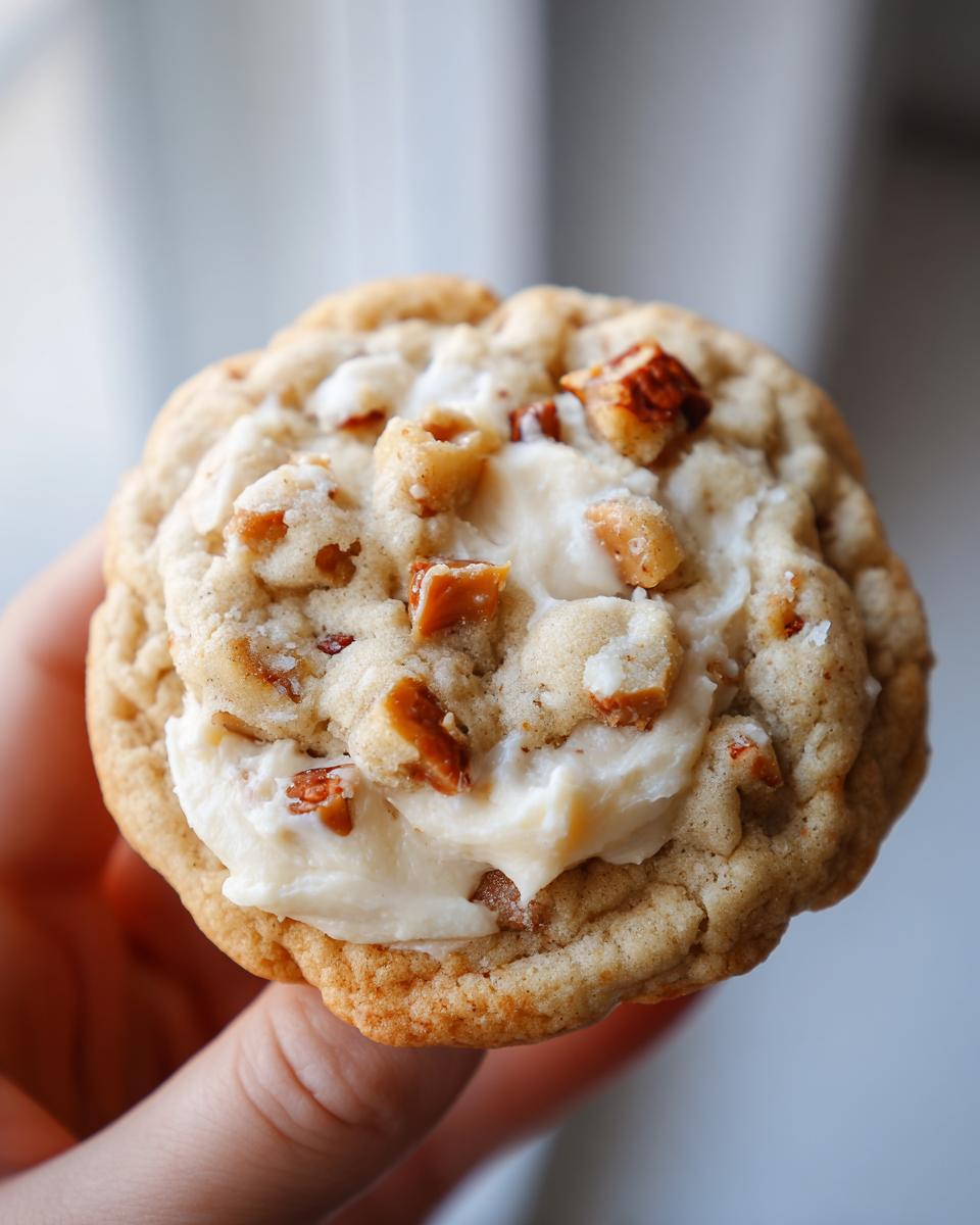 A close-up of a soft, frosted caramel apple cookies topped with chopped pecans, held up to the light.