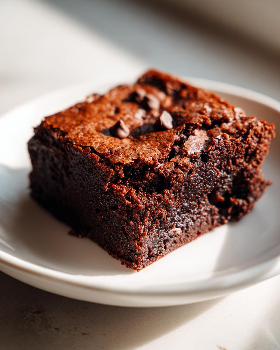 Close-up of a fudgy, dark chocolate square of date brownies topped with chocolate chips on a white plate.