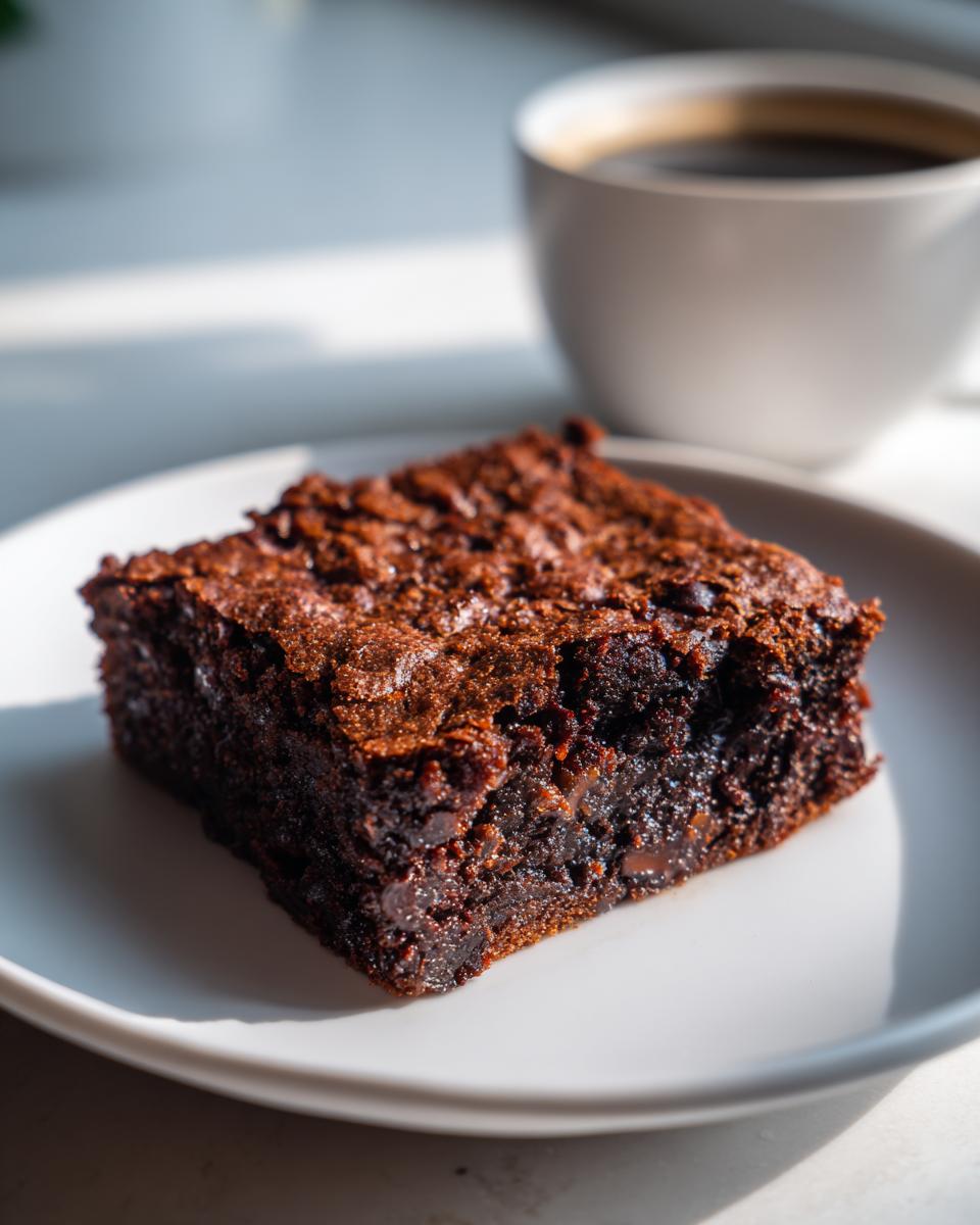 A rich, fudgy square of date brownies sits on a white plate next to a cup of black coffee.