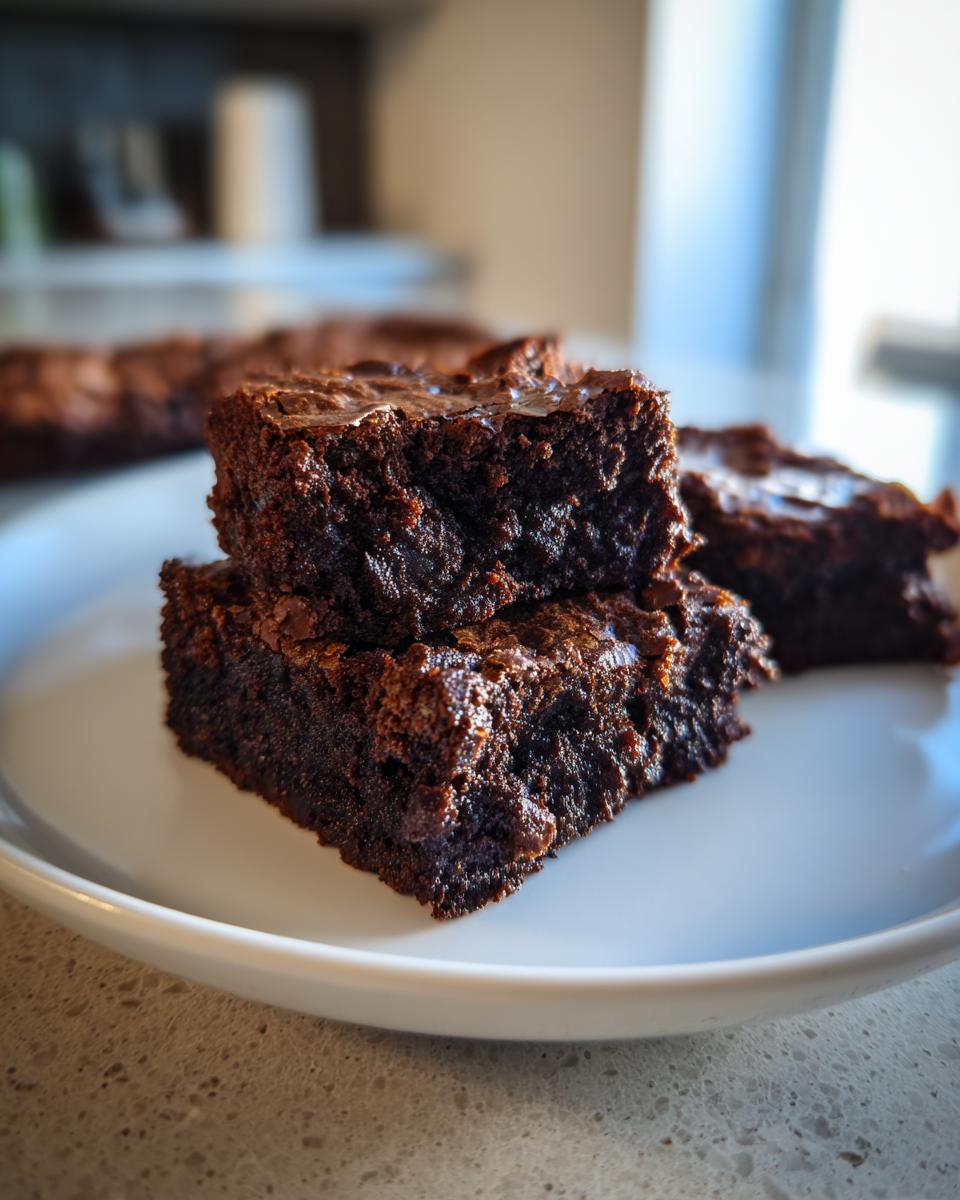 Close-up of two fudgy date brownies stacked on a white plate, showing their rich, dark texture.