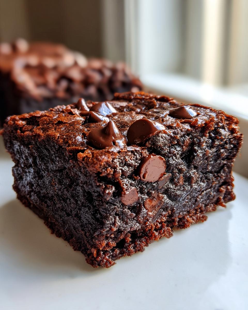 Close-up of a fudgy square of zucchini brownies topped with melted chocolate chips.