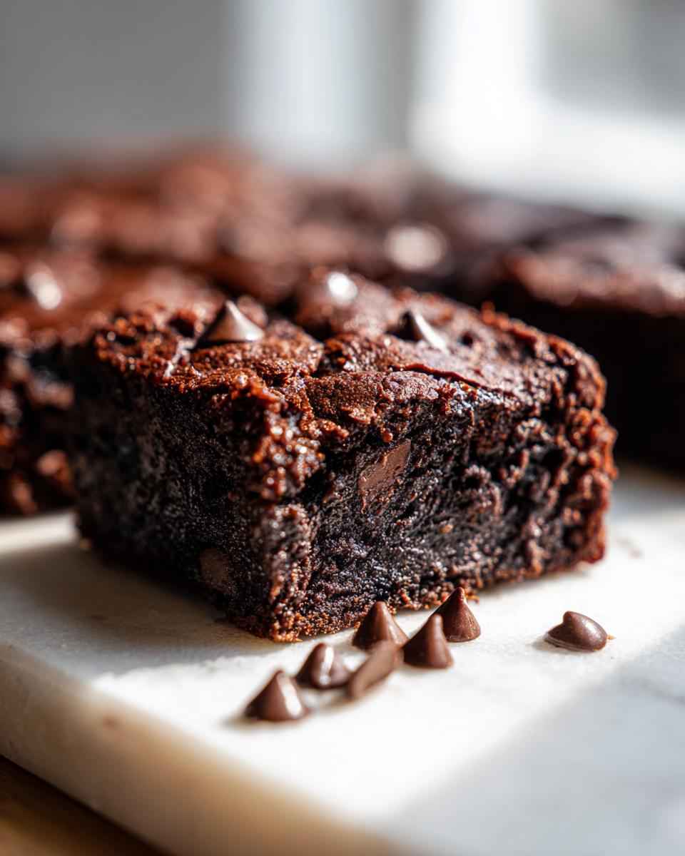 Close-up of a fudgy square of zucchini brownies topped with melted chocolate chips.