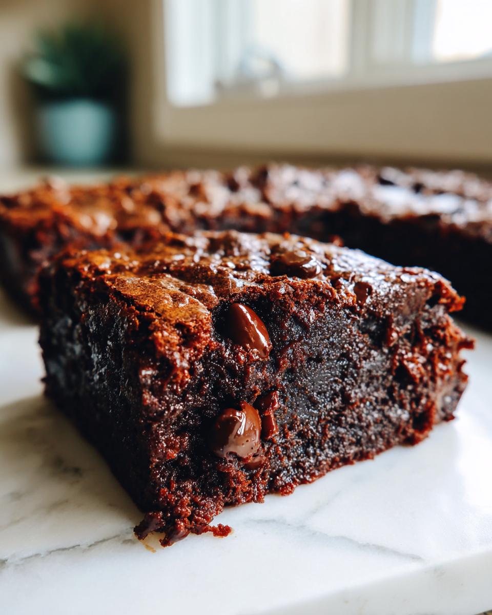 Close-up of a rich, fudgy slice of zucchini brownies topped with melted chocolate chips on a white marble surface.