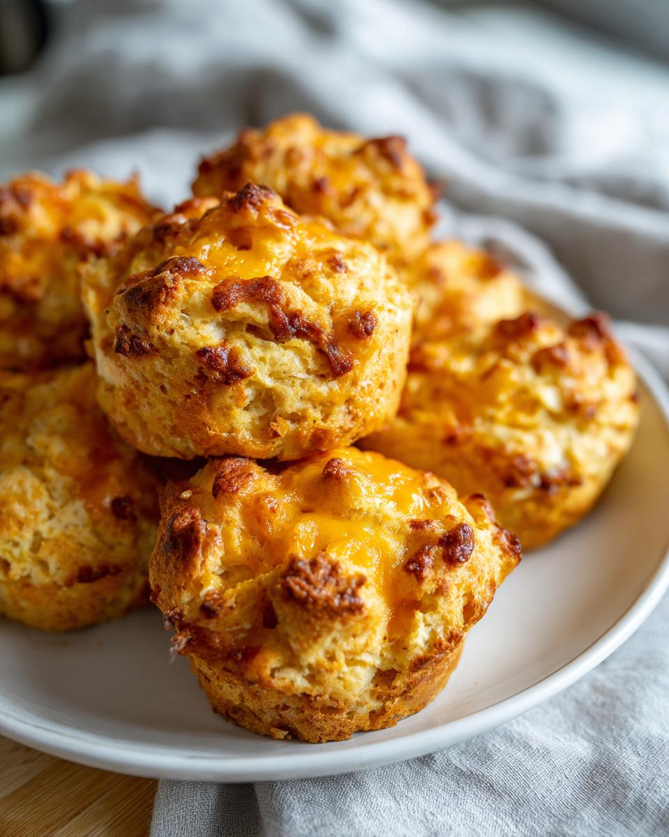 A stack of golden brown, cheesy 3-ingredient sausage balls piled high on a white plate.