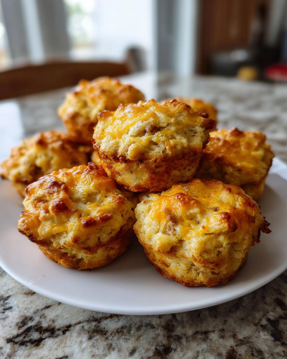 A stack of freshly baked, golden brown sausage balls topped with melted cheddar cheese on a white plate.