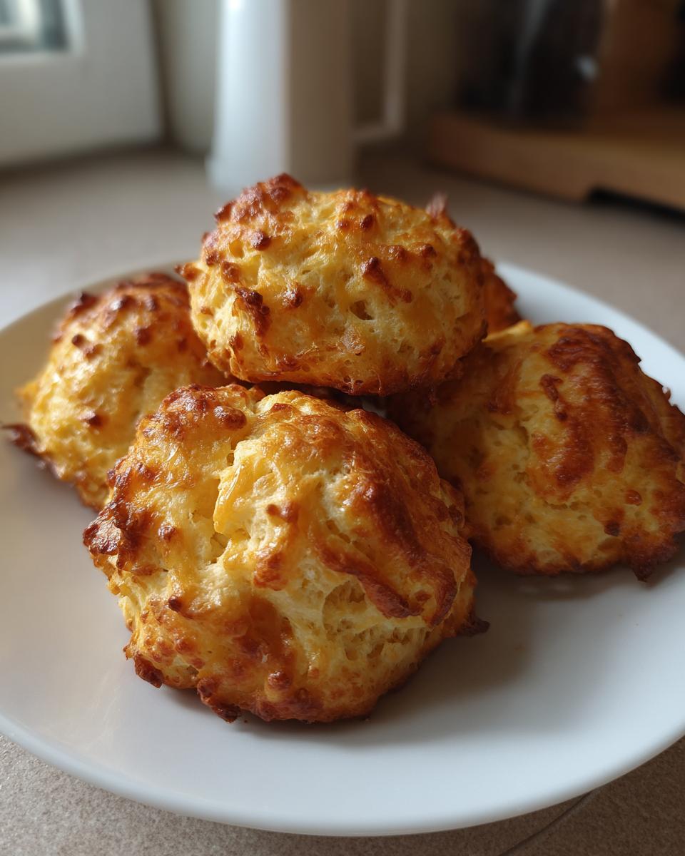 A close-up of several golden brown, baked sausage balls piled on a white plate.
