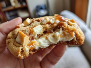 A hand holding a bitten caramel apple cookies, showing a gooey white chocolate center and caramel drizzle.