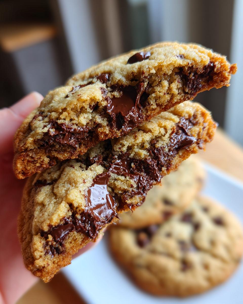 Close-up of a warm chocolate chip cookie broken in half revealing a gooey, melted chocolate center.