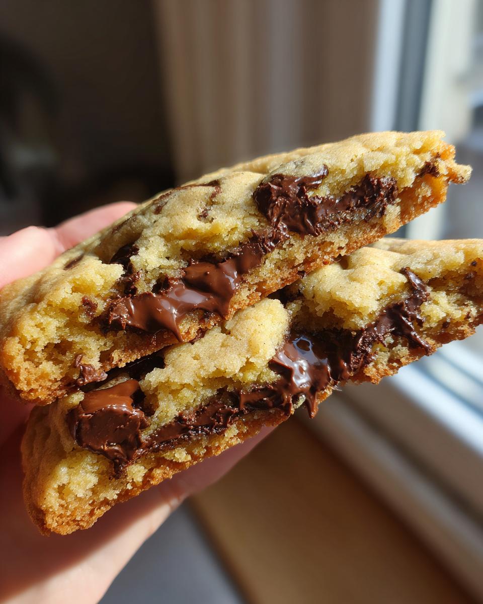 Close-up of a warm chocolate chip cookie broken in half showing melted, gooey chocolate chips inside.