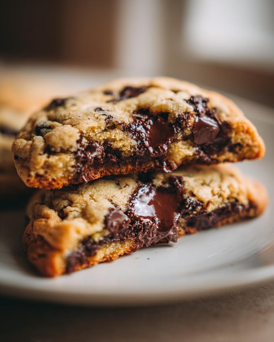 Close-up of a chocolate chip cookie cut in half showing melted, gooey chocolate chips inside.