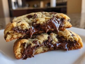 Close-up of a chocolate chip cookie broken in half showing gooey, melted chocolate chips inside.