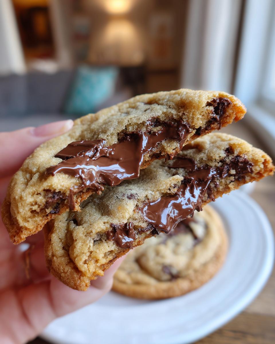 A hand pulls apart a warm chocolate chip cookie, revealing a gooey, melted chocolate center.