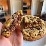 A gooey, freshly baked chocolate chip cookie broken in half showing melted chocolate chips inside.