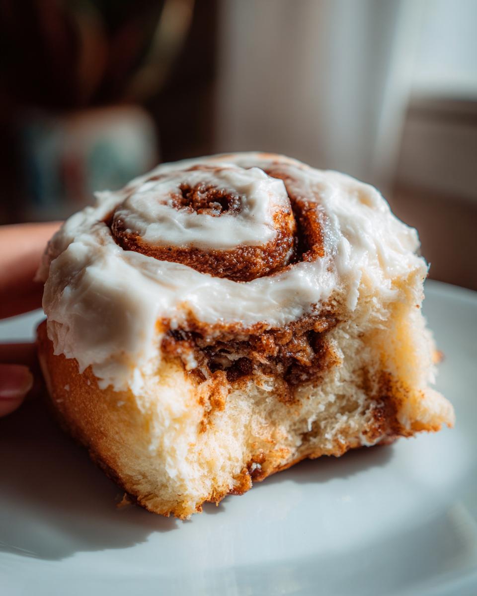 A gooey cinnamon roll with thick white frosting, showing a bite taken out to reveal the soft interior and cinnamon swirl.