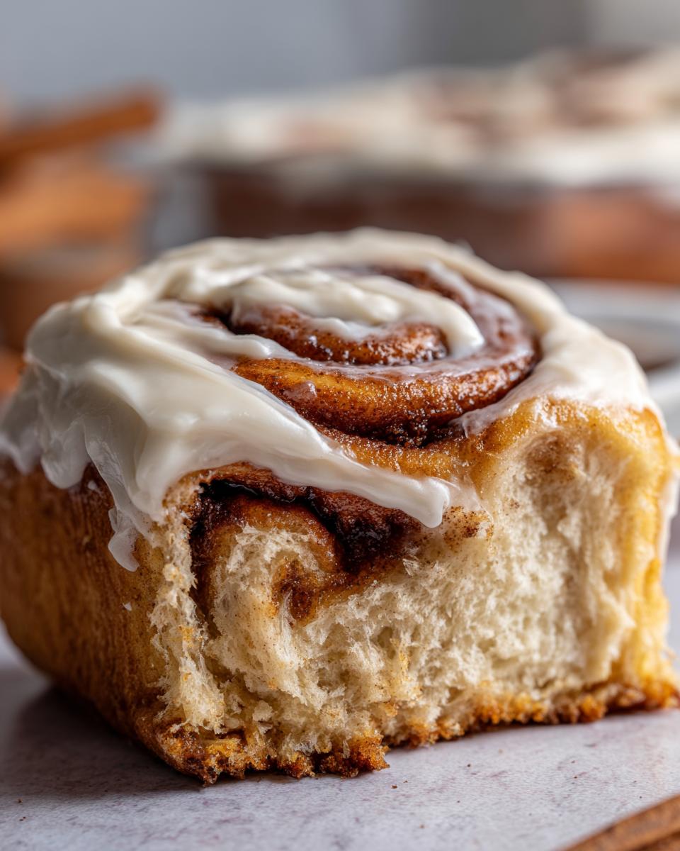 Close-up of a soft, gooey cinnamon roll with thick white cream cheese frosting on top.