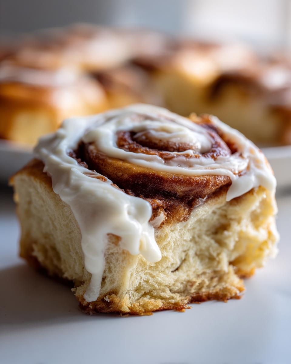 Close-up of a soft, gooey cinnamon roll with thick white frosting dripping down the side.