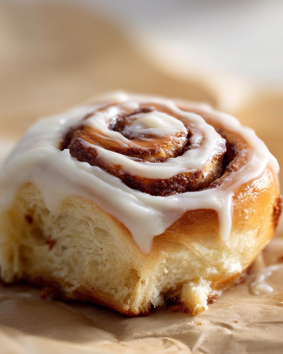 Close-up of a single, gooey cinnamon roll topped with thick white icing, showing the soft interior.