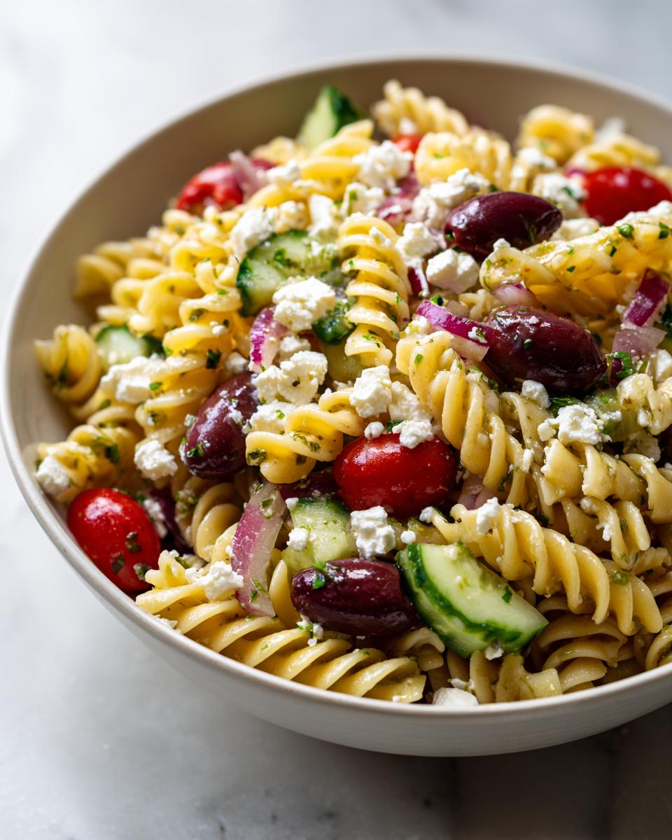 Close-up of a bowl filled with vibrant greek pasta salad featuring fusilli pasta, feta, olives, and cucumbers.