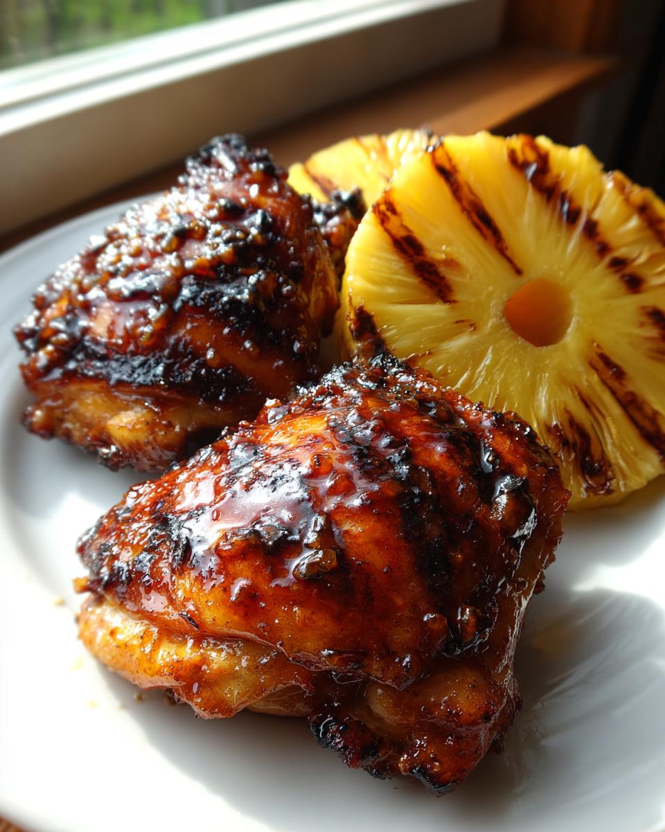 Two pieces of juicy hawaiian huli huli chicken glazed with a dark sauce, served next to grilled pineapple slices.