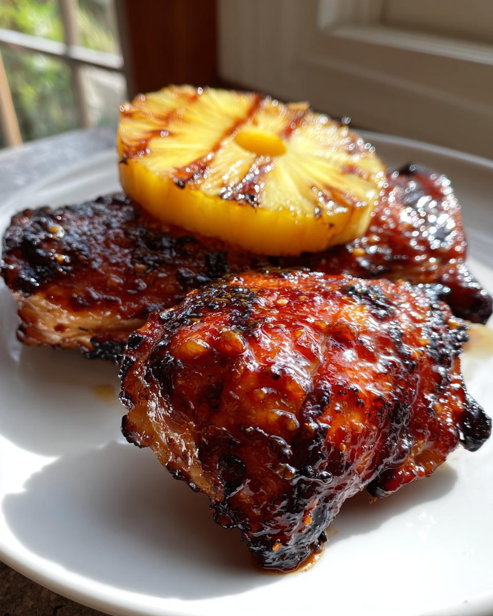 Close-up of sticky, glazed hawaiian huli huli chicken topped with a grilled pineapple slice.
