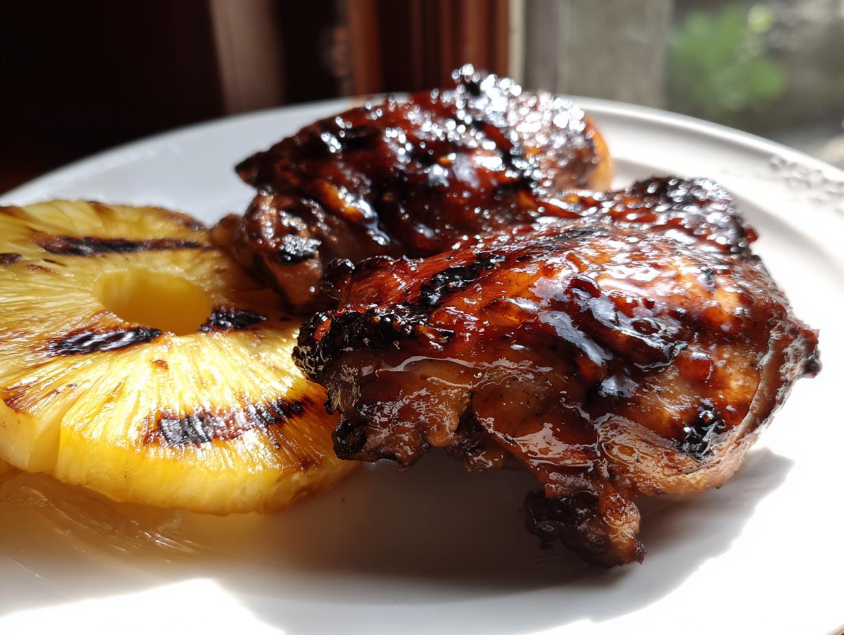 Close-up of juicy hawaiian huli huli chicken pieces with a sticky glaze next to a grilled pineapple slice.