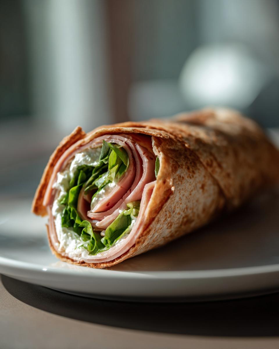 Close-up of a rolled cottage cheese wrap filled with ham slices, fresh lettuce, and cottage cheese.