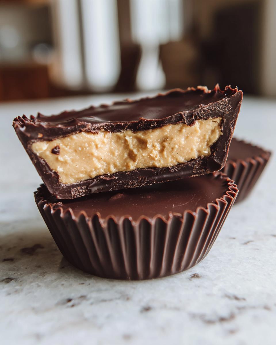 Close-up of homemade peanut butter cups, one cut in half showing the creamy filling inside the chocolate shell.