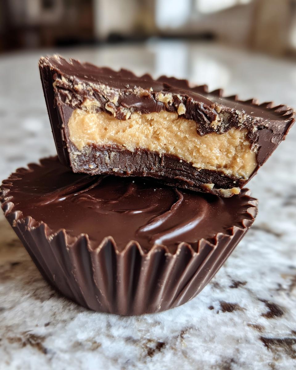 Close-up of homemade peanut butter cups, one cut in half showing the thick peanut butter filling inside the chocolate shell.