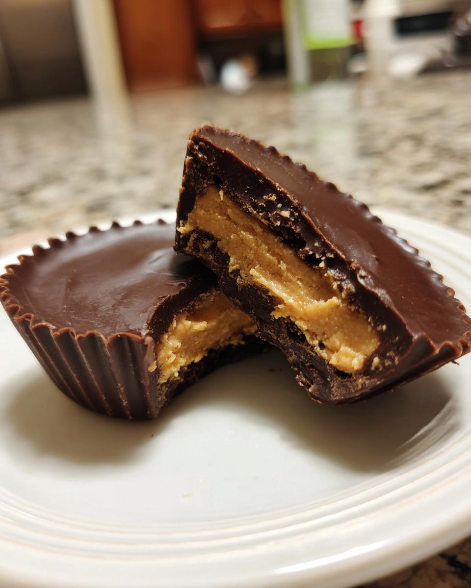 Close-up of homemade peanut butter cups cut in half showing rich peanut butter filling inside chocolate shell.