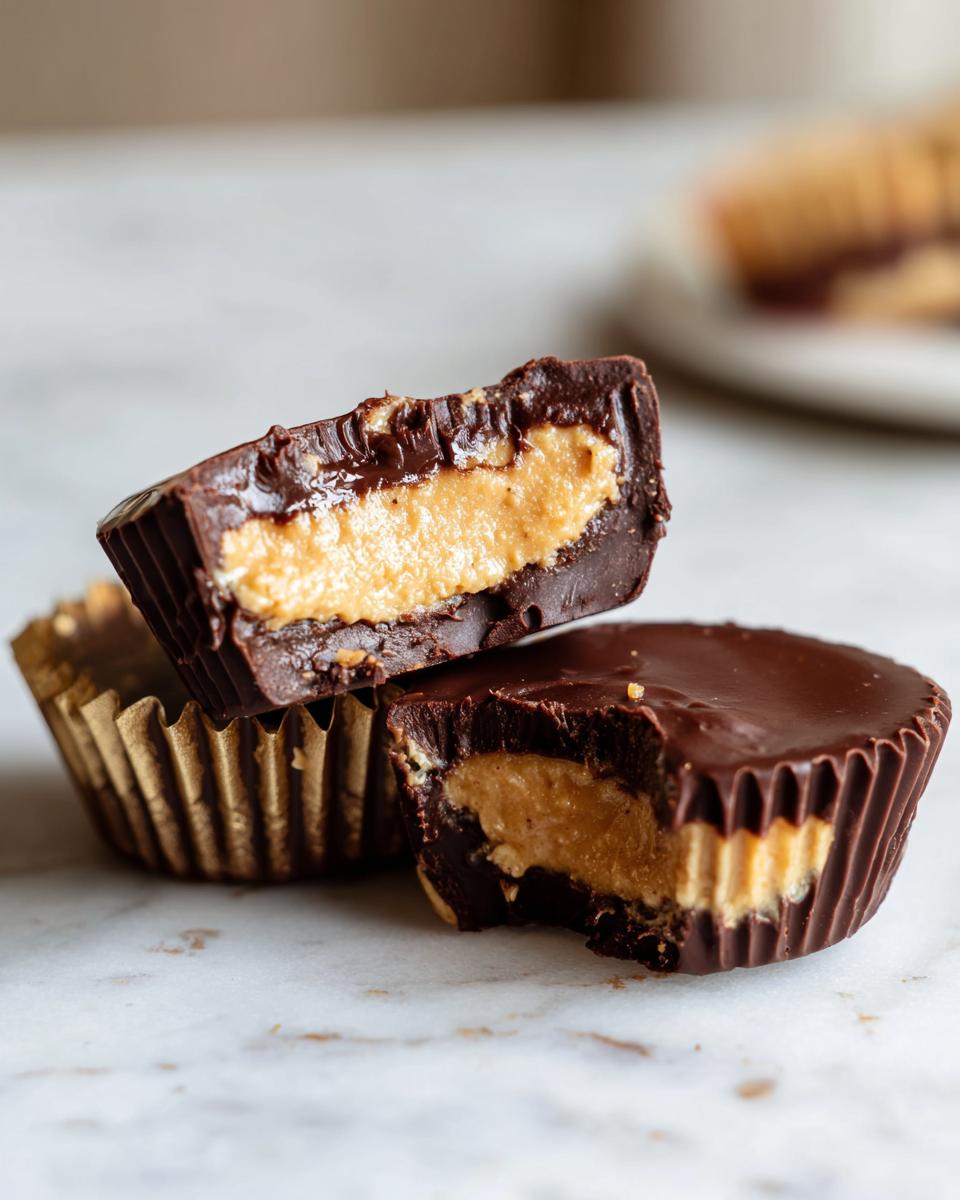 Close-up of homemade peanut butter cups, one cut in half showing the creamy filling.