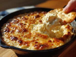 A hand scoops a cheesy portion of hot baked crab dip recipe from a cast iron skillet using a cracker.