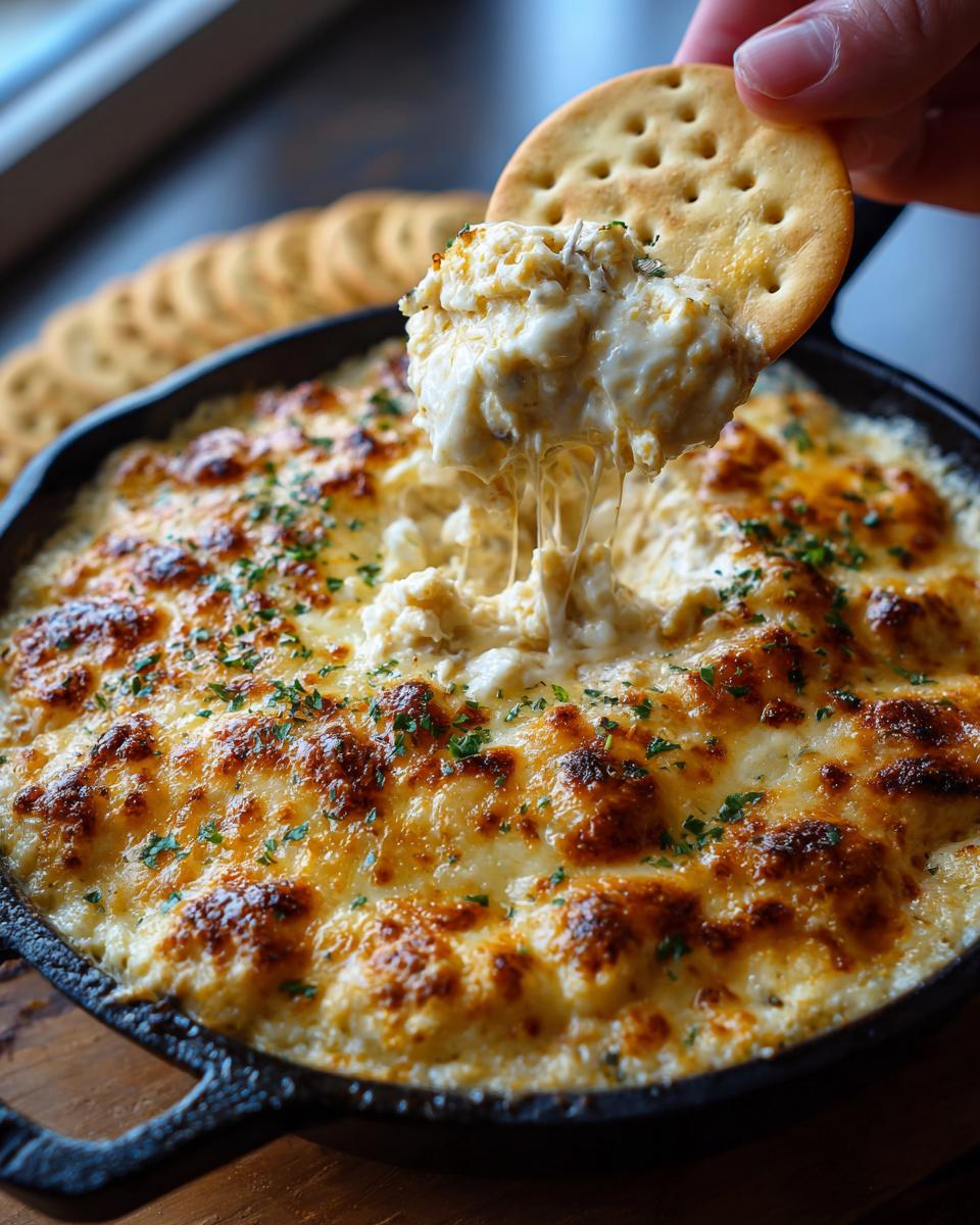 A hand dips a cracker into a hot, cheesy crab dip recipe with a golden-brown, bubbly top.
