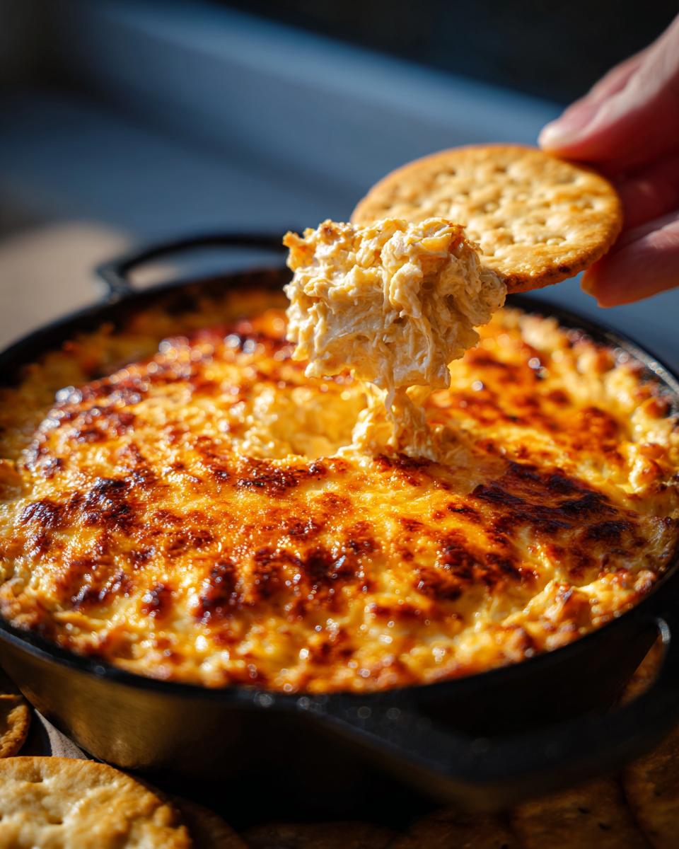 A hand scoops a generous portion of hot, cheesy crab dip recipe onto a round cracker from a cast iron skillet.