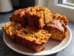 Close-up of several golden brown slices of hot water cornbread piled on a white plate, catching sunlight.