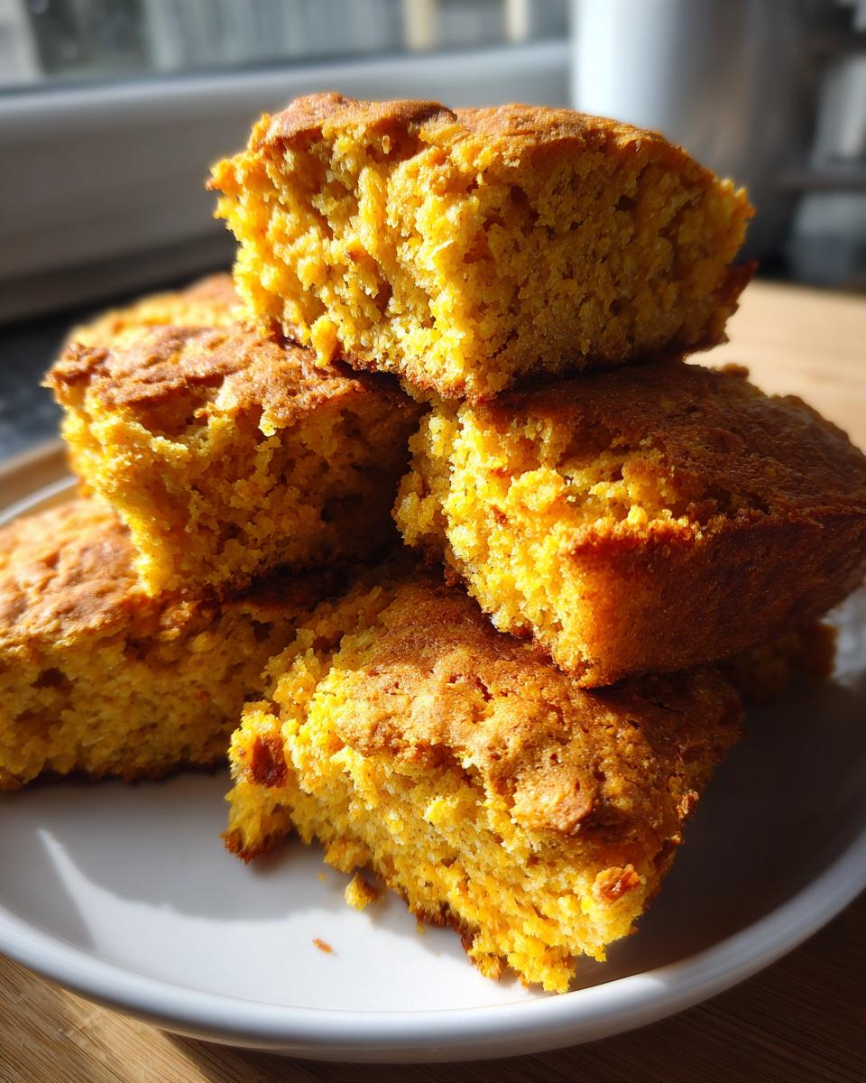 Close-up of a stack of golden, crumbly hot water cornbread squares piled on a white plate.