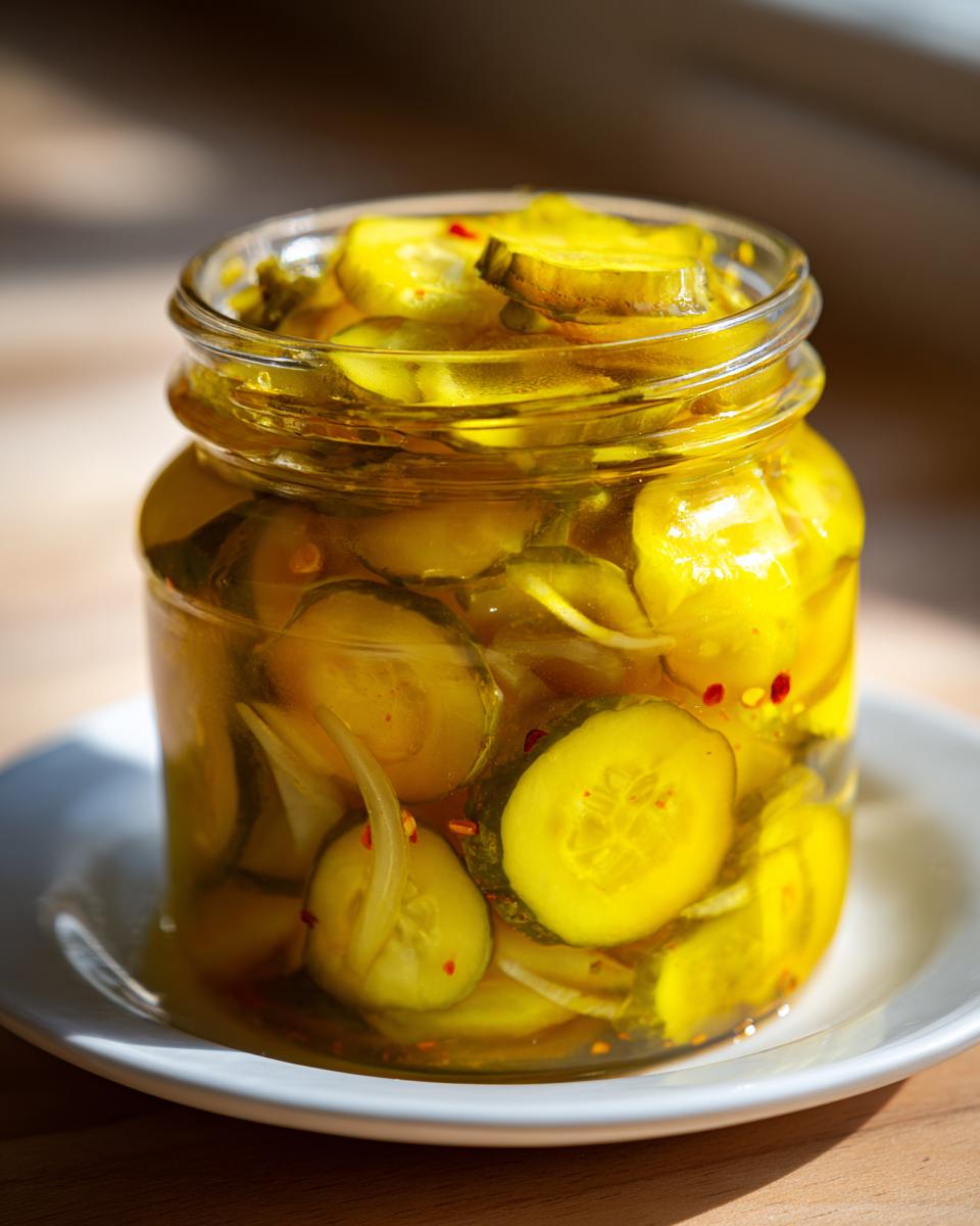 Close-up of a glass jar filled with bright yellow bread and butter pickle slices and onion.
