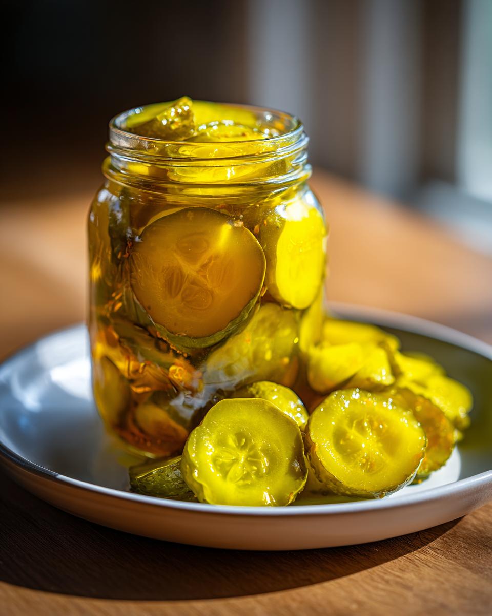 Close-up of a glass jar filled with bright yellow bread and butter pickle slices, some spilling onto a plate.