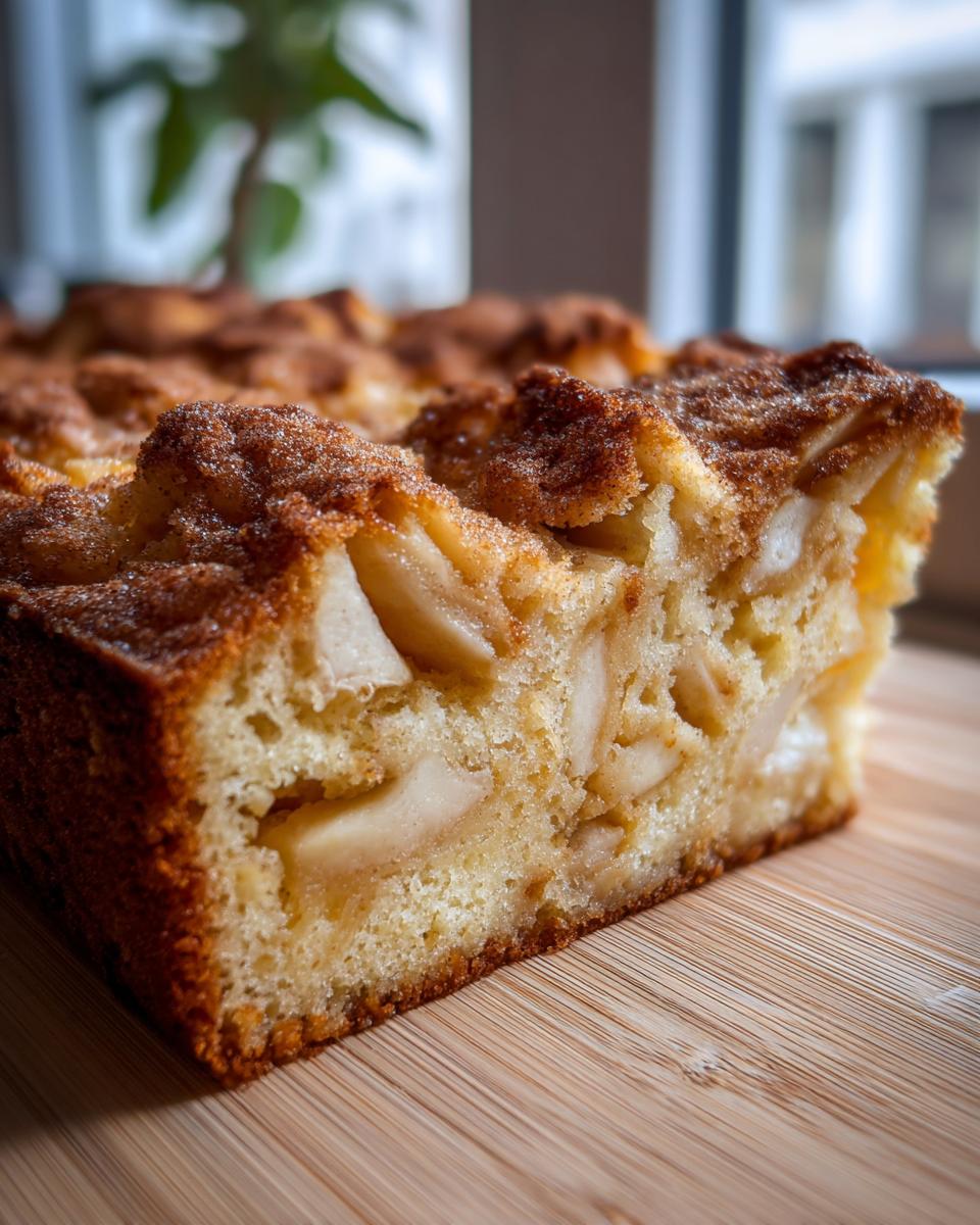 A close-up cross-section of a moist jewish apple cake loaded with visible apple chunks and a cinnamon sugar topping.