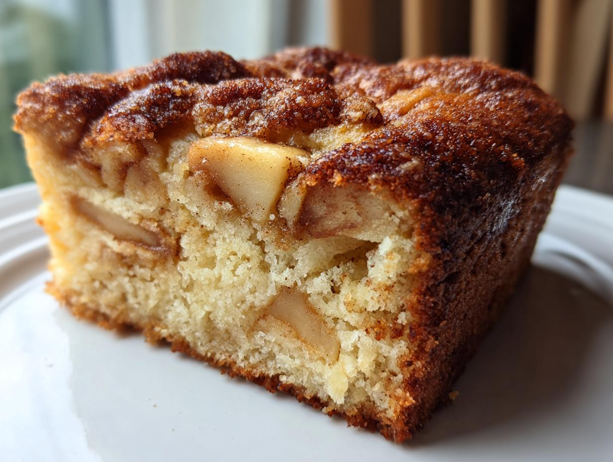 Close-up of a moist slice of jewish apple cake showing chunks of apple and a cinnamon sugar crust.