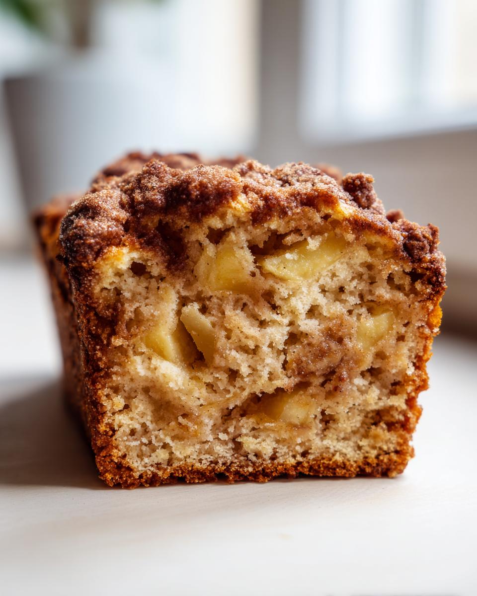 Close-up cross-section of a slice of jewish apple cake showing chunks of apple and cinnamon streusel topping.