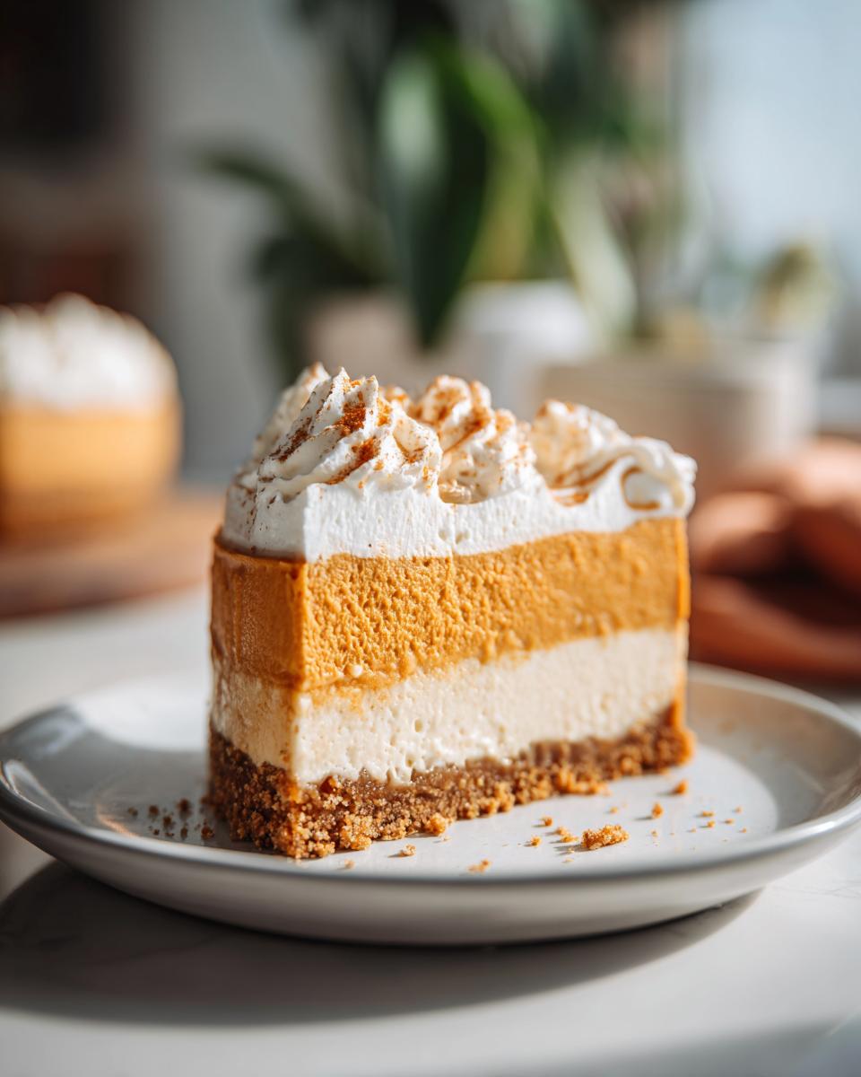 A thick slice of layered pumpkin cheesecake topped with whipped cream and cinnamon on a white plate.