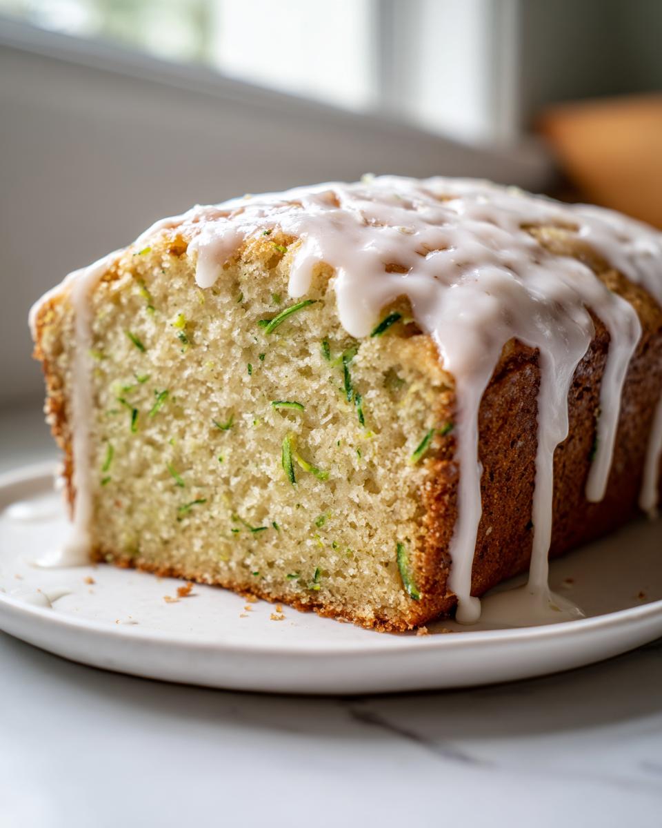 Close-up of a slice of moist lemon zucchini bread topped with a thick white lemon glaze.