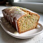 A loaf of moist lemon zucchini bread, sliced to show texture, topped with white glaze and lemon zest.