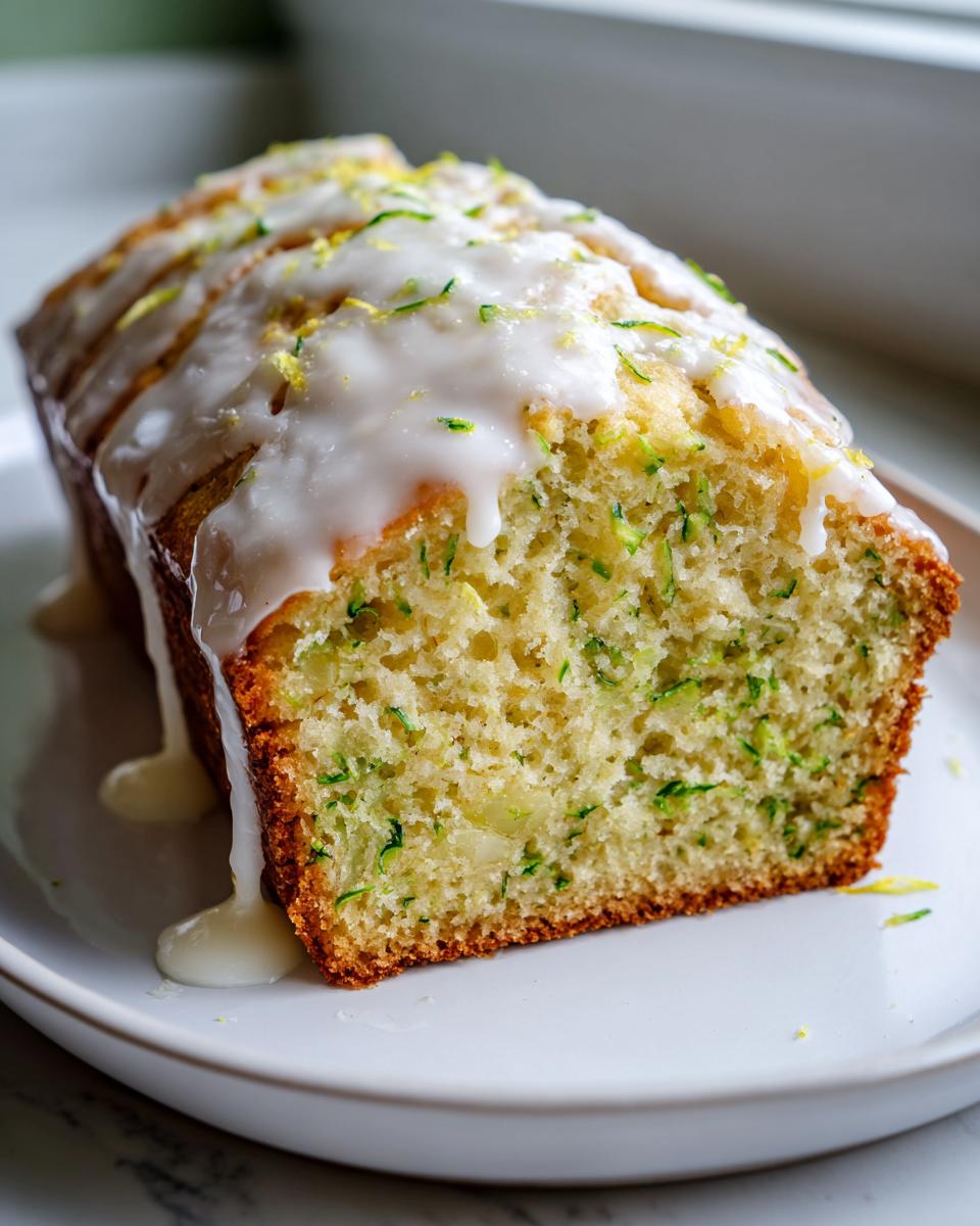 A slice of moist lemon zucchini bread topped with thick white glaze and lemon zest.