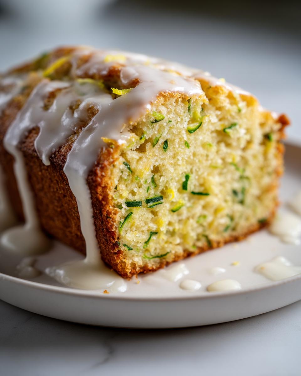 Close-up of a slice of moist lemon zucchini bread topped with a thick, white lemon glaze.