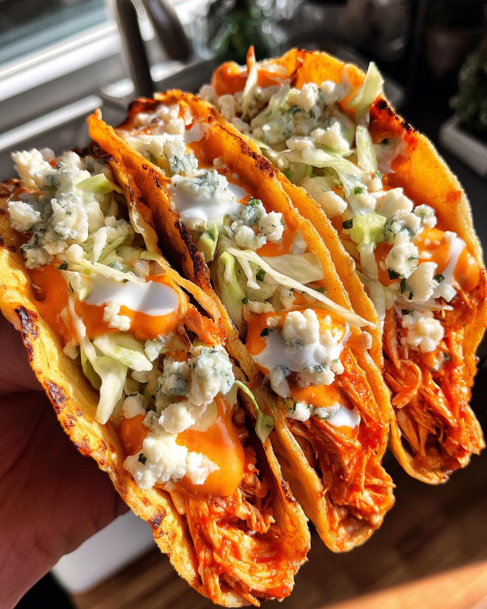 A hand holding three crispy tacos filled with shredded buffalo chicken, slaw, ranch, and blue cheese crumbles for amazing buffalo chicken tacos.