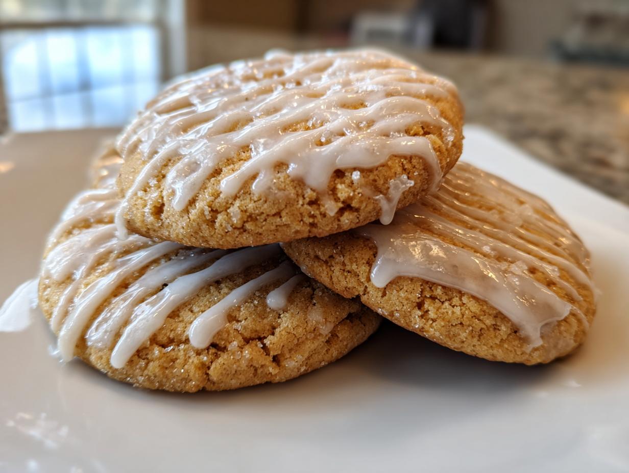 Close-up of three stacked maple brown sugar cookies drizzled with white icing.