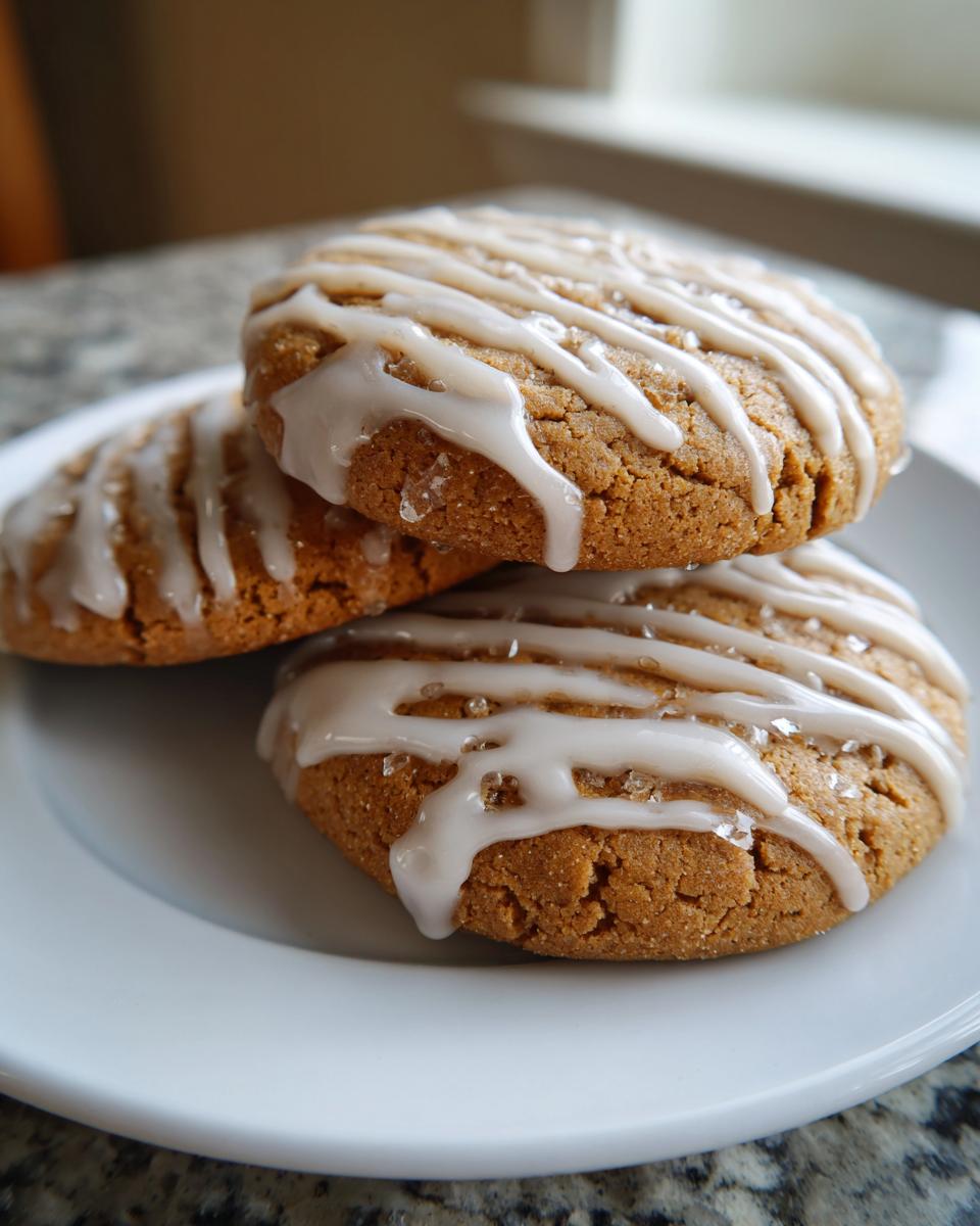 Three soft maple brown sugar cookies stacked on a white plate, drizzled with white icing and sparkling sugar.
