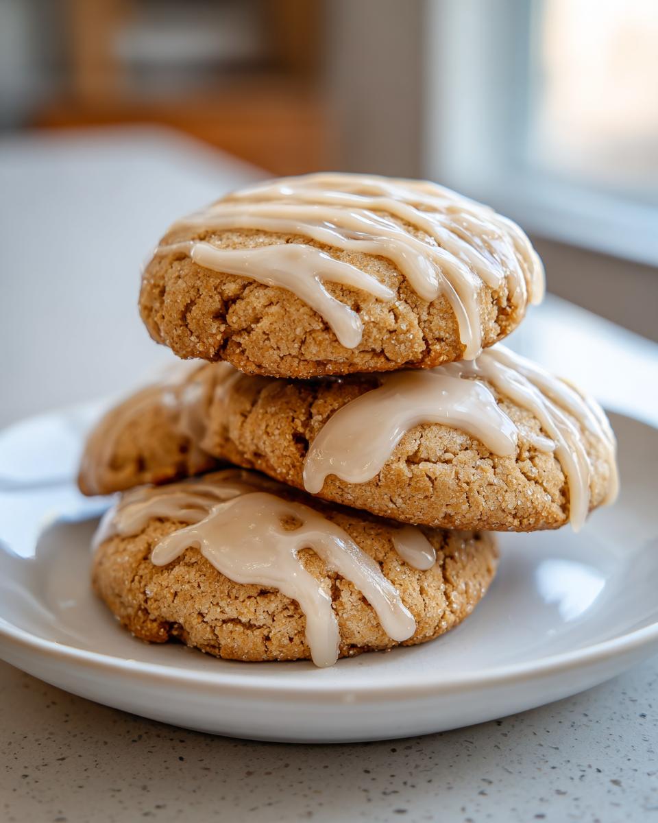 A stack of three soft maple brown sugar cookies topped with a thick, creamy maple glaze drizzle.